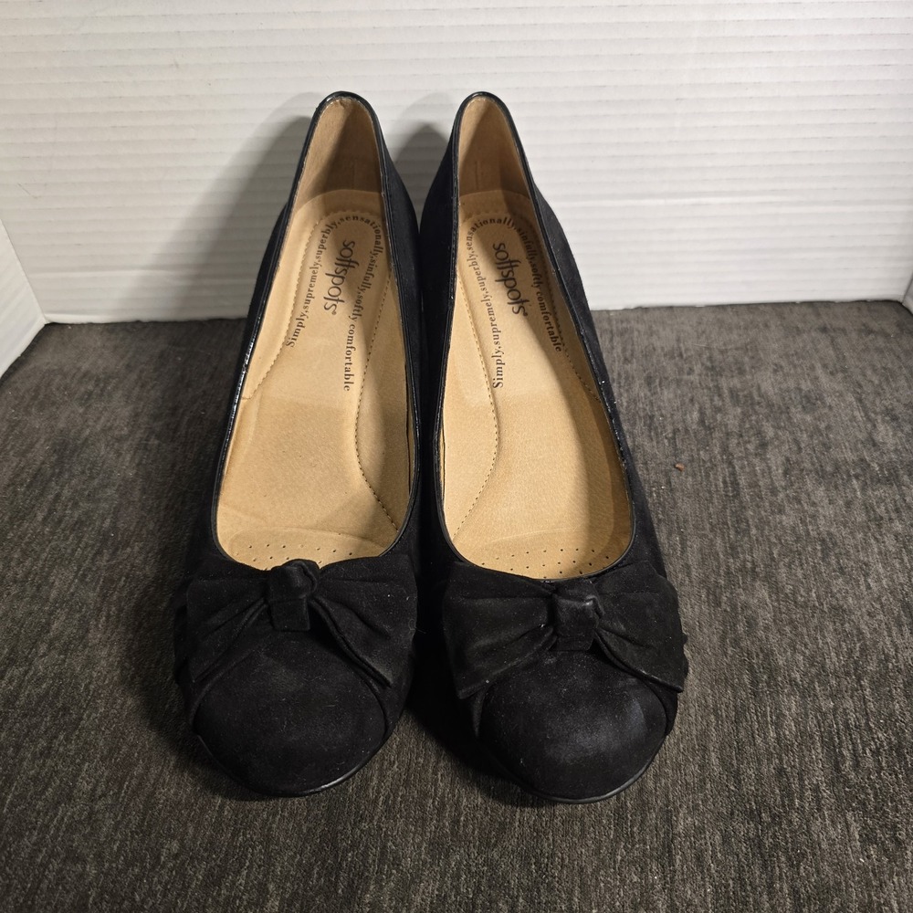 Softspots Womens 10M Black Suede Bow Kitten Heel Pumps Round Toe Dress Shoe